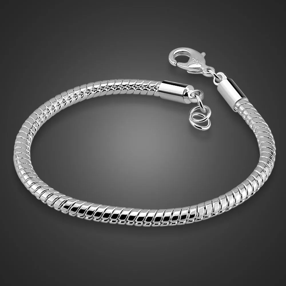 Man Sterling Silver Fashion Bracelets 925 Pure Silver 4 mm 7-8 inch Snake Chain For Boys & Men Real Solid Silver Cuff Jewelry