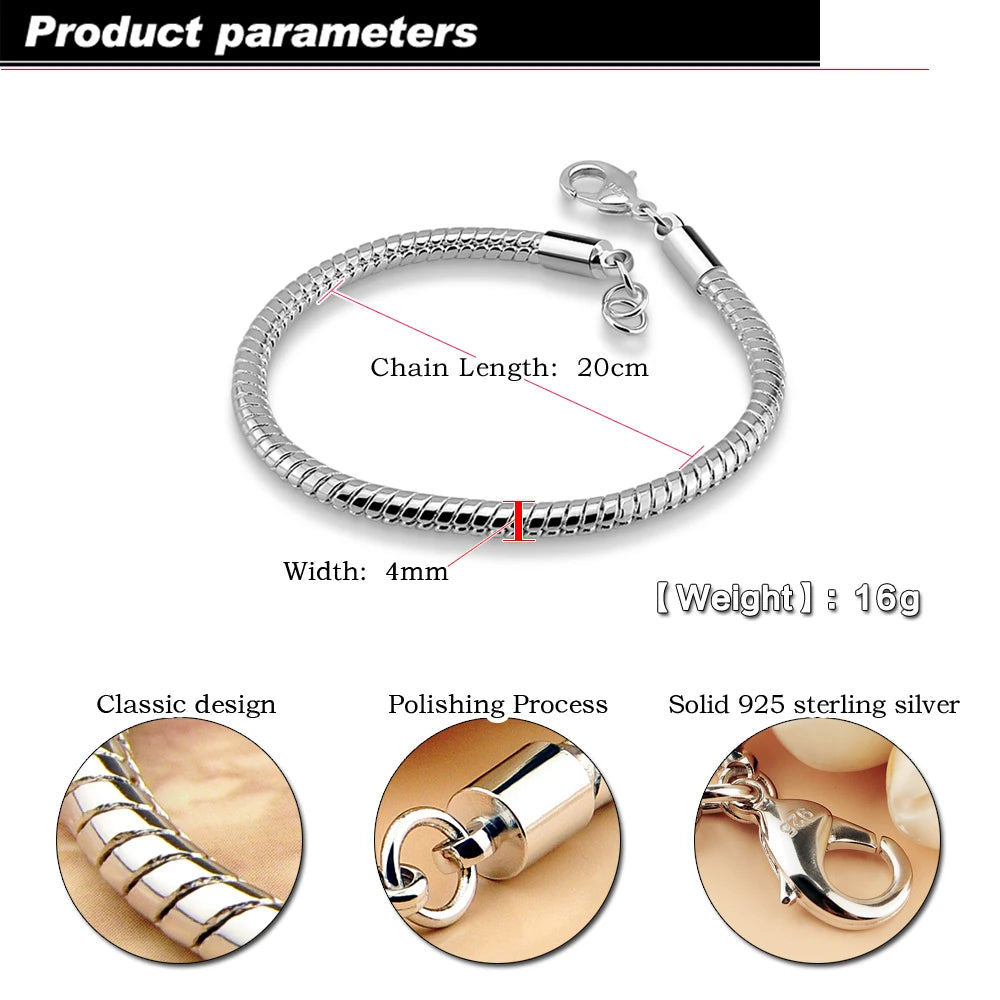 Man Sterling Silver Fashion Bracelets 925 Pure Silver 4 mm 7-8 inch Snake Chain For Boys & Men Real Solid Silver Cuff Jewelry