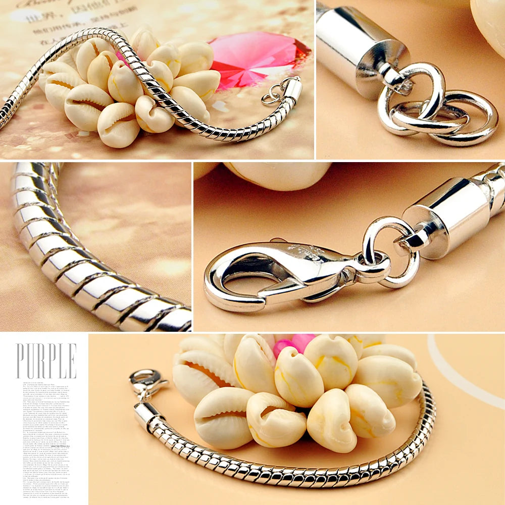 Man Sterling Silver Fashion Bracelets 925 Pure Silver 4 mm 7-8 inch Snake Chain For Boys & Men Real Solid Silver Cuff Jewelry