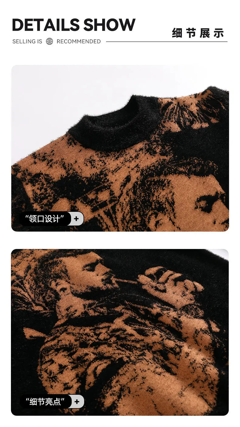 Retro Men's Printed Slim Knit Sweater for Men's Base, 2025 Brand Premium Tops, High-quality Men's Plus Size Warm Sweater