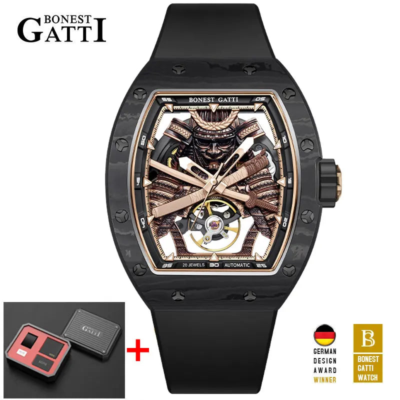 BONEST GATTI Carbon Fiber Case Men Automatic Movement Wristwatch Skeleton Warrior Sapphire Glass Mechanical Watches for Men 2025