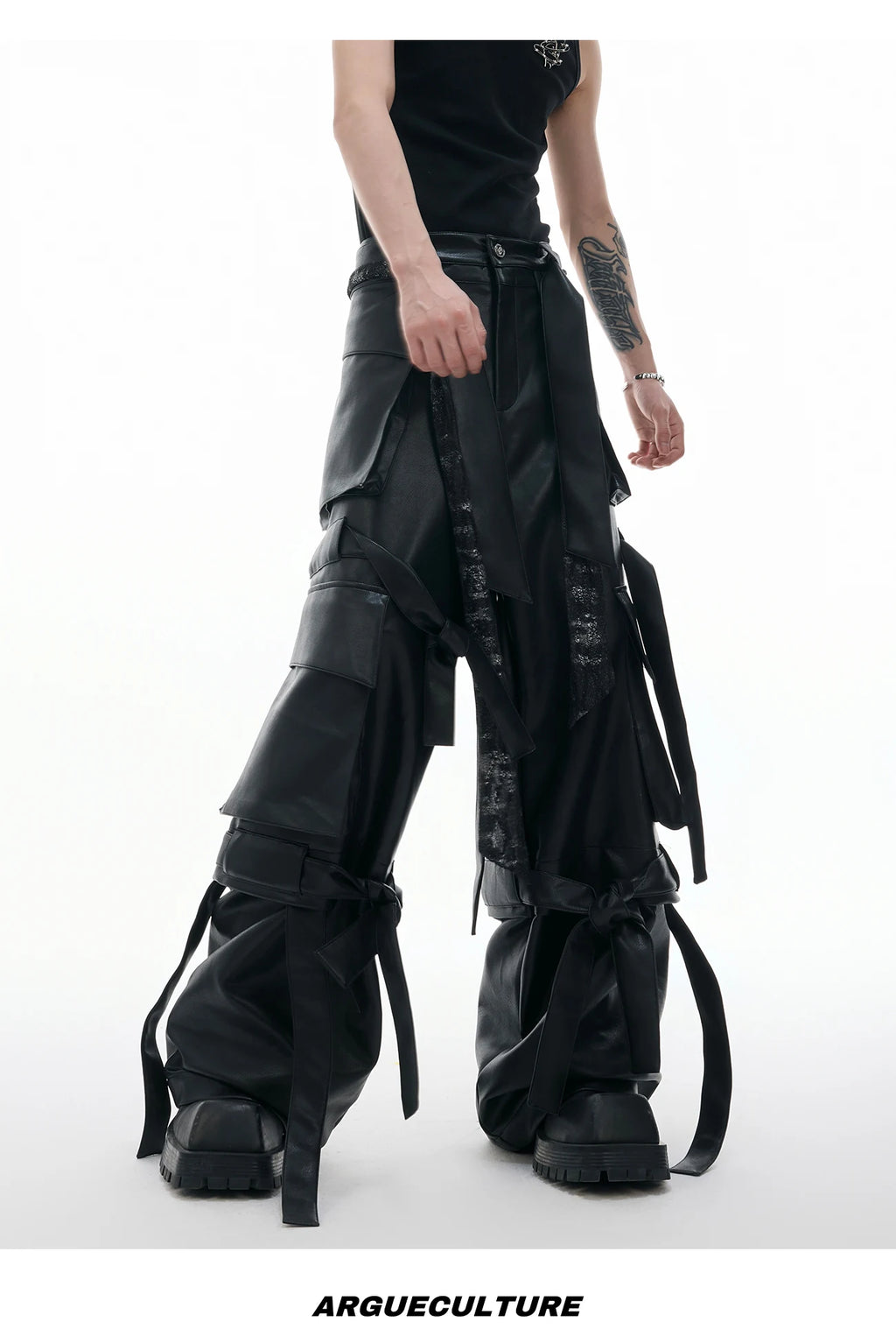Mauroicardi Autumn Cool Long Baggy Black Pu Leather Wide Leg Cargo Pants Men Many Pockets Luxury Designer Emo Clothes Streetwear