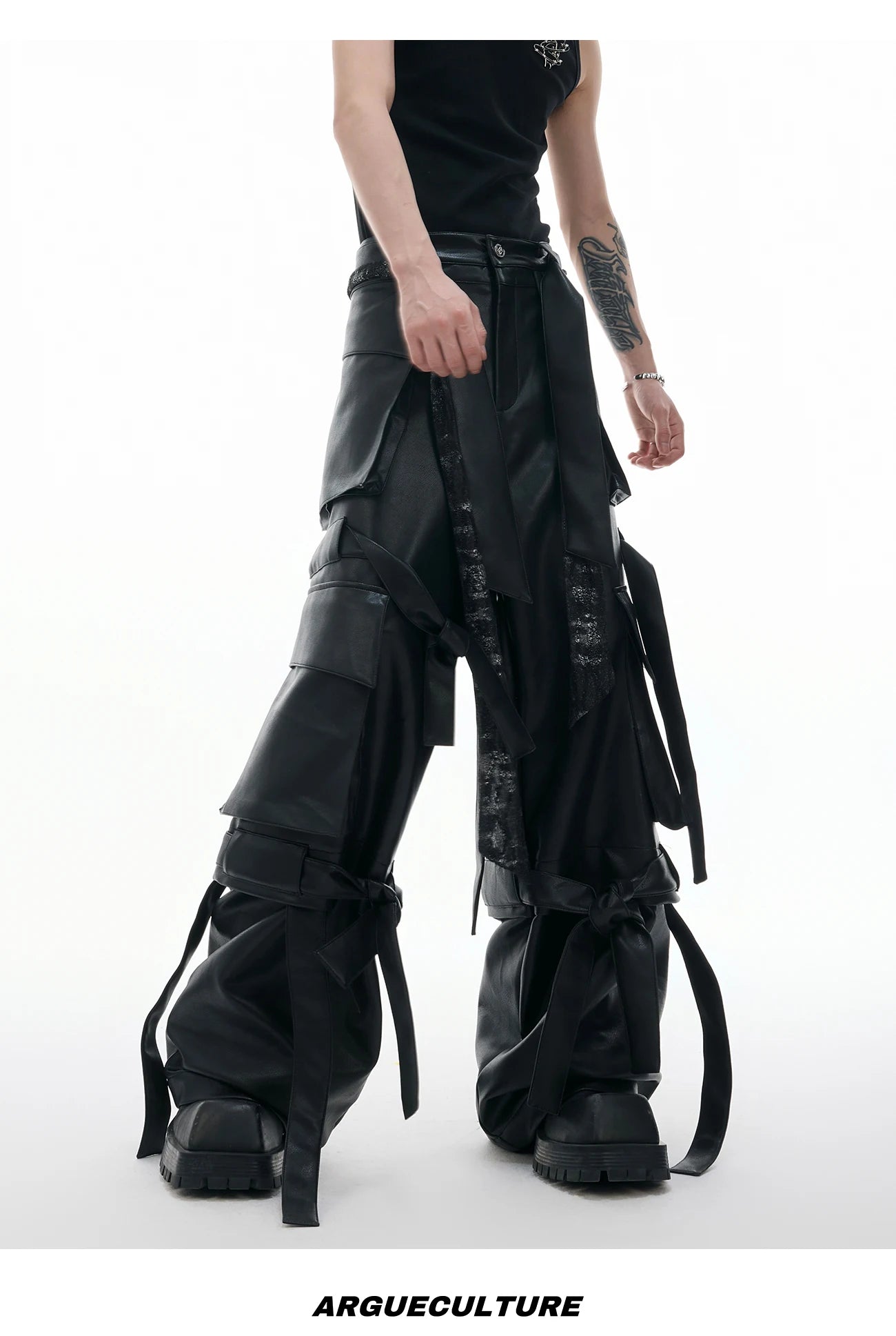 Mauroicardi Autumn Cool Long Baggy Black Pu Leather Wide Leg Cargo Pants Men Many Pockets Luxury Designer Emo Clothes Streetwear