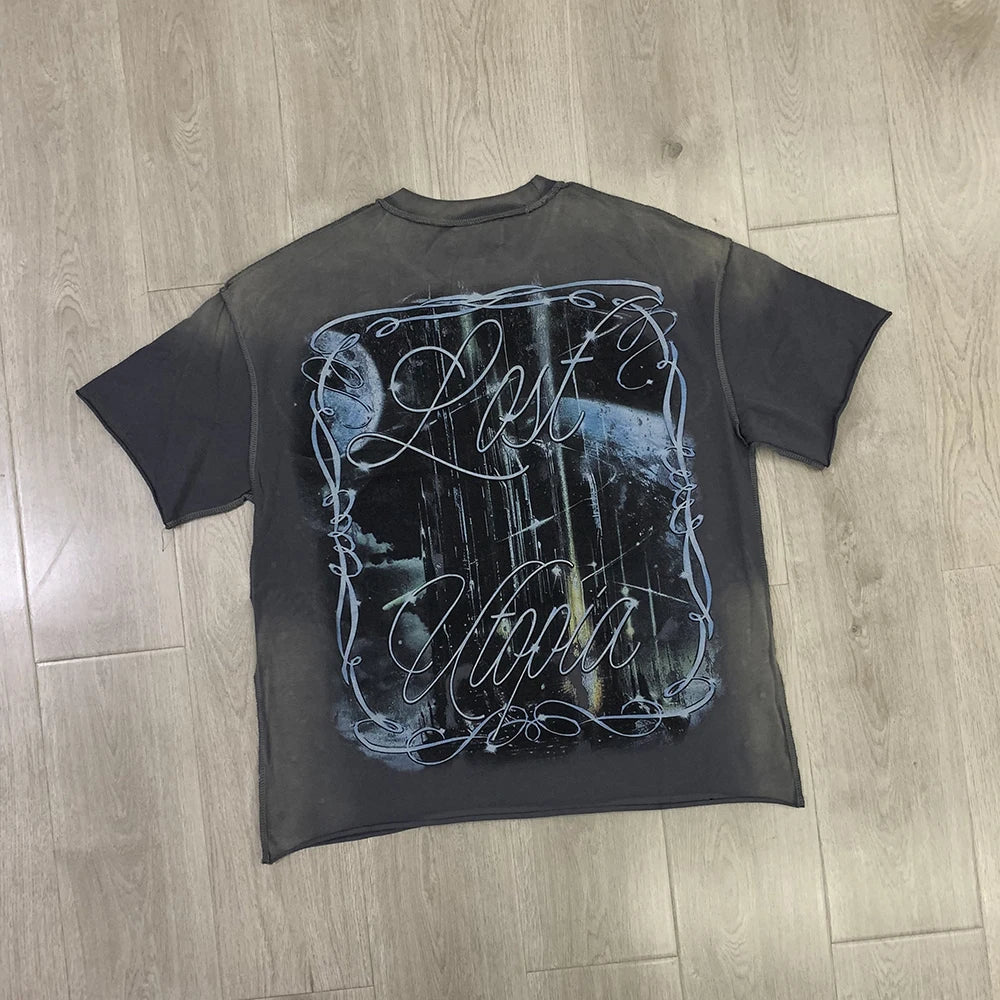 Streetwear Vintage Washed Diamond Cropped Tee for Men Crew Neck Short Sleeve Loose Cotton Rhineston Tshirts Oversized
