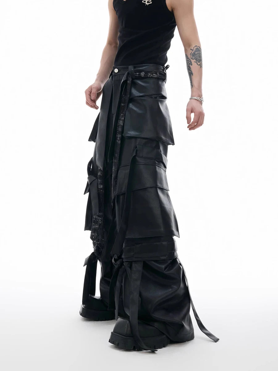 Mauroicardi Autumn Cool Long Baggy Black Pu Leather Wide Leg Cargo Pants Men Many Pockets Luxury Designer Emo Clothes Streetwear