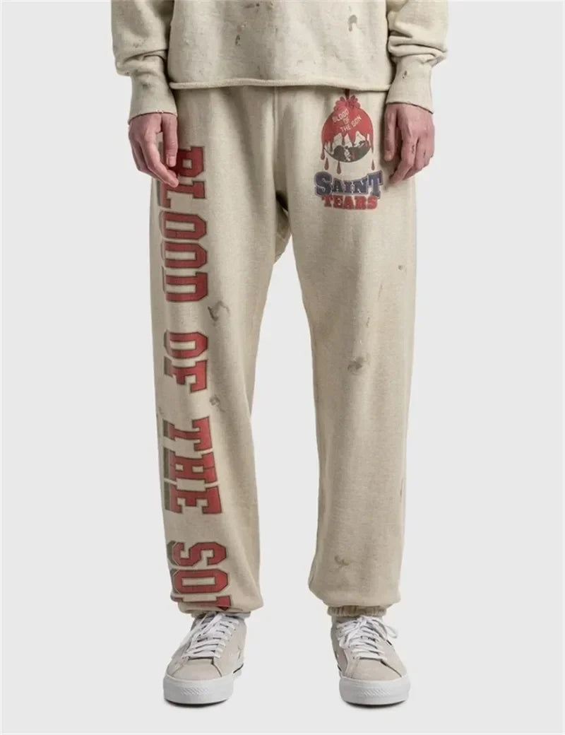 Sanskrit Printing Apricot Saint Sweatpants Men Women Jogger Drawstring Pants