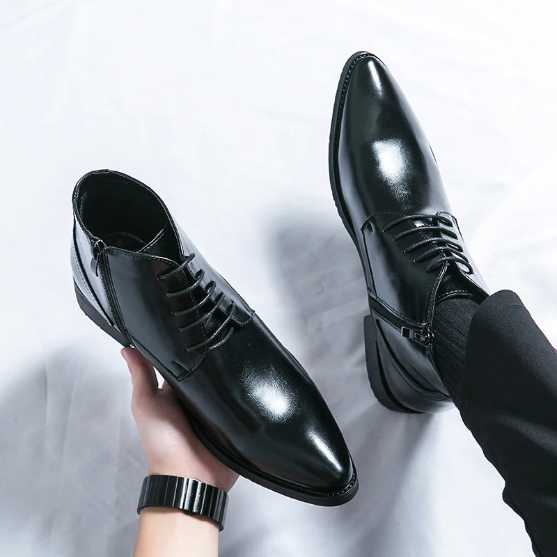 Leather Boots Men Zip Lace-up High Top British Versatile Men Fashion Business Dress Social Boots Mens Platform Casual Men Boots