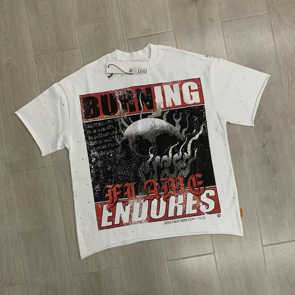 Streetwear Vintage Washed Diamond Cropped Tee for Men Crew Neck Short Sleeve Loose Cotton Rhineston Tshirts Oversized