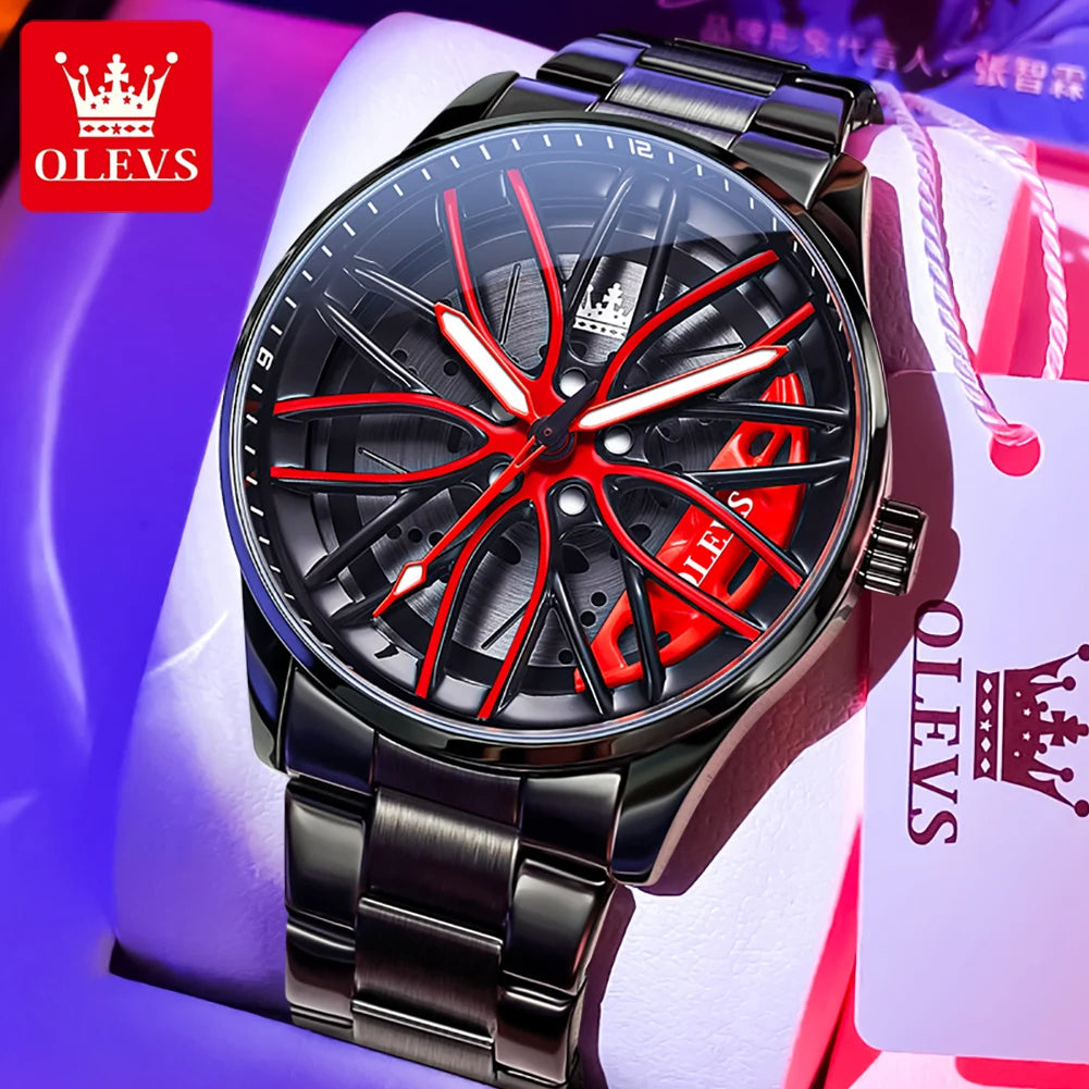 OLEVS 9937 Quartz Watch for Men Fashion 3D Hollow Wheel Rotary Dial Black Stainless Steel Waterproof Luminous Sports Wristwatch