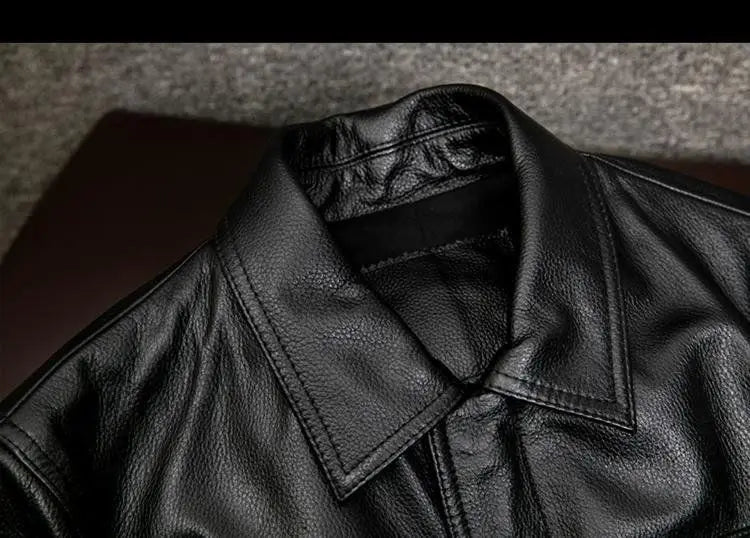 Europe and America Fashion Men Solid Color Simple Basic Casual Trendy Turn-down Collar Long Sleeve Faux Leather Coats Male Tops