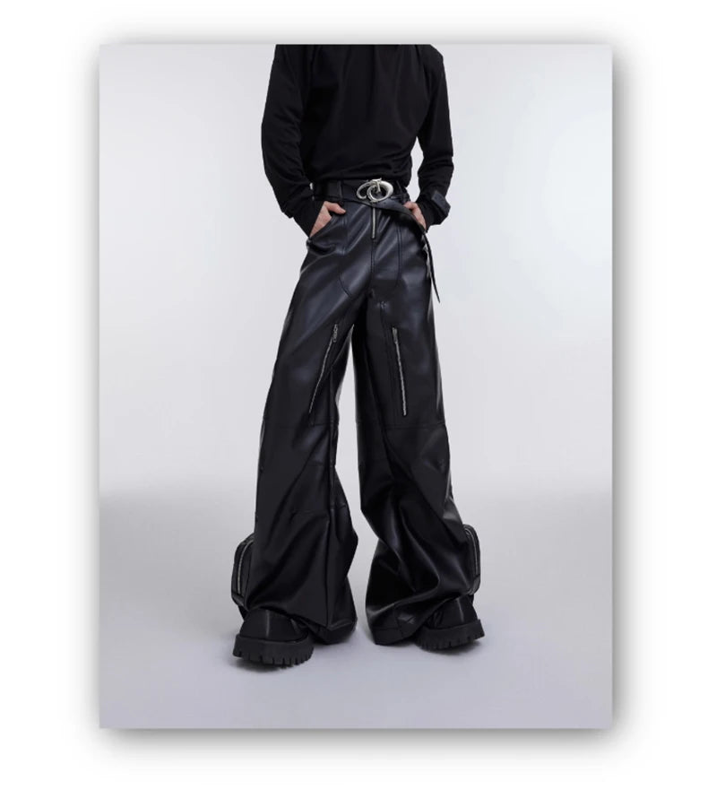 Mauroicardi Autumn Long Black Baggy Pu Leather Wide Leg Cargo Pants for Men Three-dimensional Pockets Luxury Designer Clothes