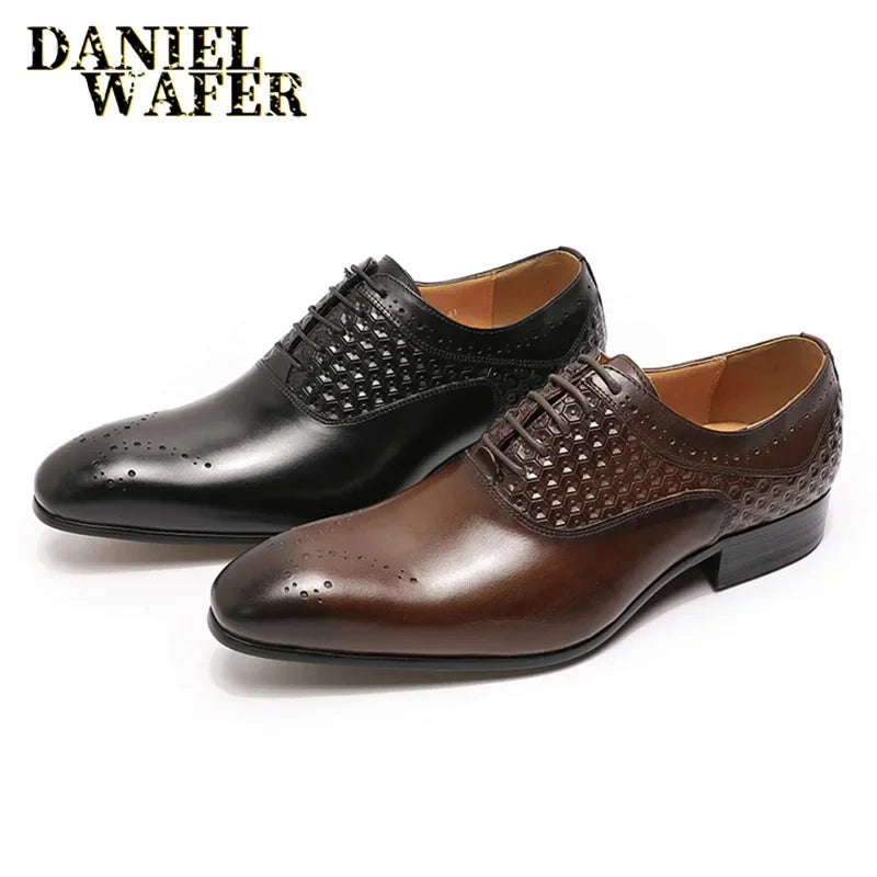 Italian Luxury Men's Pointed Toe Oxford Shoes Black Coffee Leather Lace-Up Dress Shoes for Wedding Office Business Formal Wear