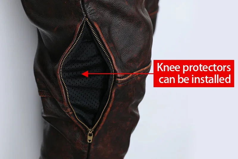 New Motorcycle Genuine Leather Pant Men's Thick Cowhide Vintage Brown Trousers For Men High Quality Moto Biker Slim Pants