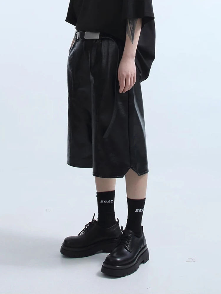 Mauroicardi Spring Summer Loose Casual Soft Black Pu Leather Shorts for Men Mens Elastic Waist Short Straight Pants Clothes 2023