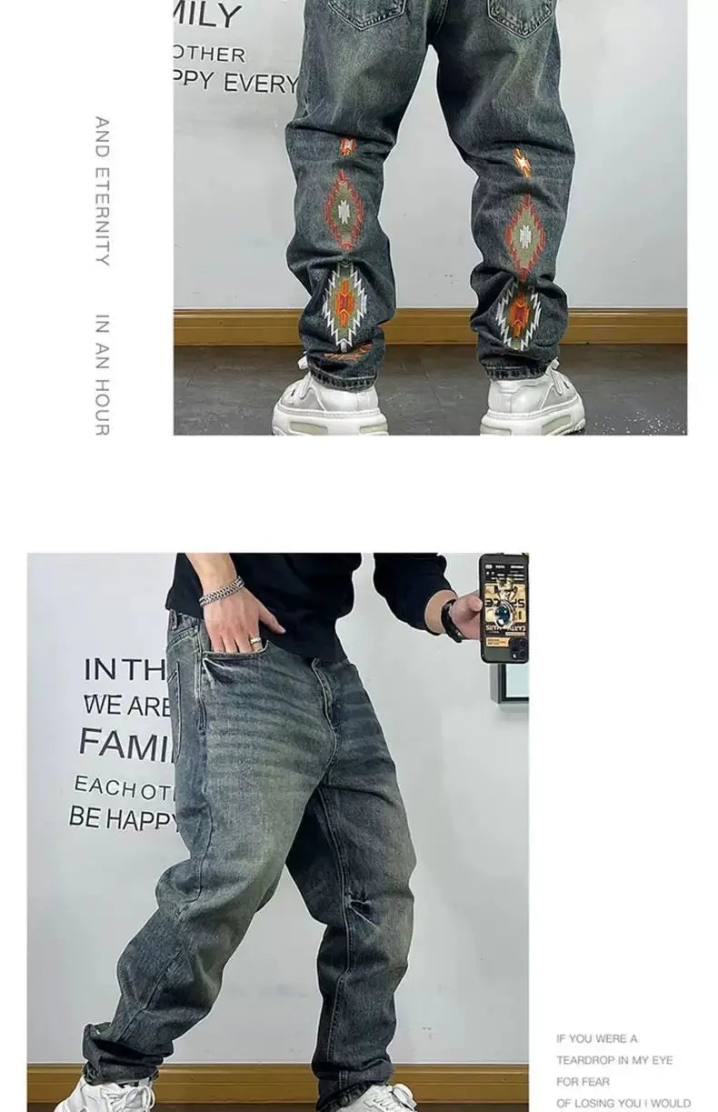 Fashion Brand Retro Washed Pure Cotton Jeans for Men Loose Small Right Angle Personalized Embroidery Versatile Casual Pants