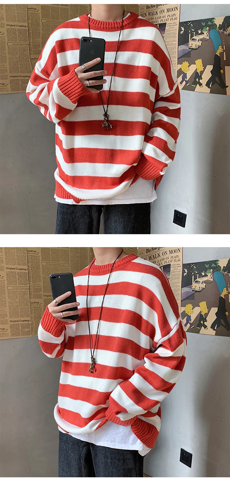 Classic Vintage Striped Sweater Men's Casual Japanese Trendy Red White Pullover Loose Round Neck Couple's Jumper Street Kintwear