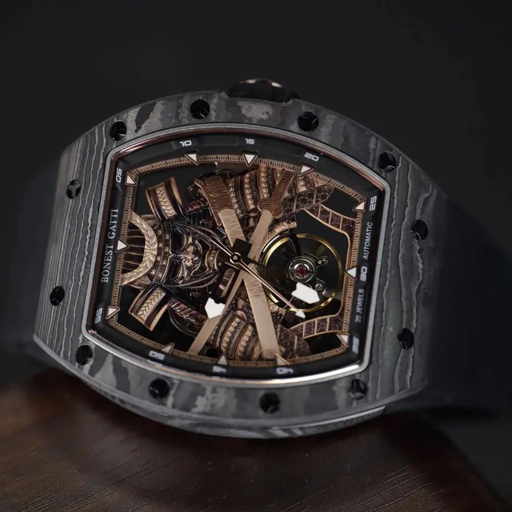 BONEST GATTI Carbon Fiber Case Men Automatic Movement Wristwatch Skeleton Warrior Sapphire Glass Mechanical Watches for Men 2025