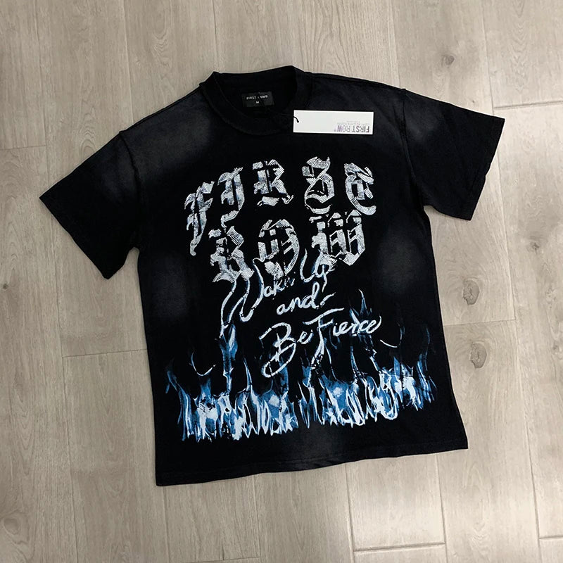 Casual FIRST ROW T-Shirts Washed  Street Fashion American Style Hot Drill Letters Mens Womens High Quality Short Sleeves Tee