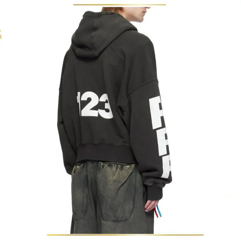 Heavyweight Fabric RRR123 Digital Embroidery Hooded Sweatshirt Washed Black Oversized Men Women Premium Quality Hoodie