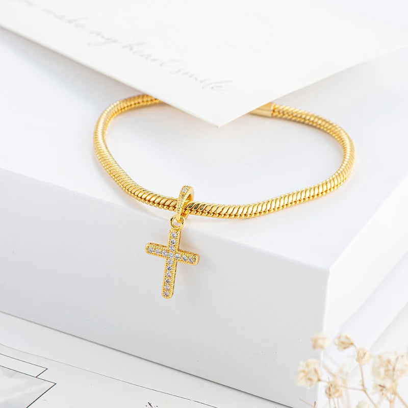 Sparkling CZ Cross Pendant Charm for Bracelet Necklace, 925 Sterling Silver Plated, Religious DIY Jewelry Gift for Women Men
