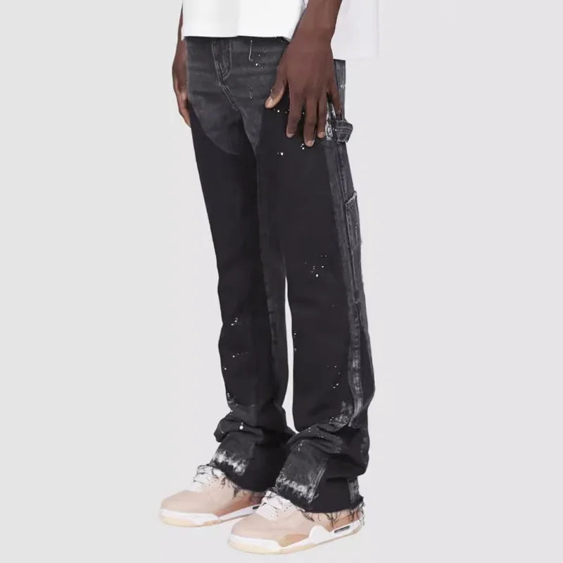 Men's Denim Work Pants workwear, Elastic Patch Denim Layered Flared Pants, Spring New Style