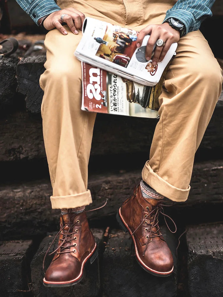 Handmade Leather Men Boots Retro Round Toe Ankle Boots for Men  Luxury Punk Street Style Mens Motorcycle Boots botas para hombre