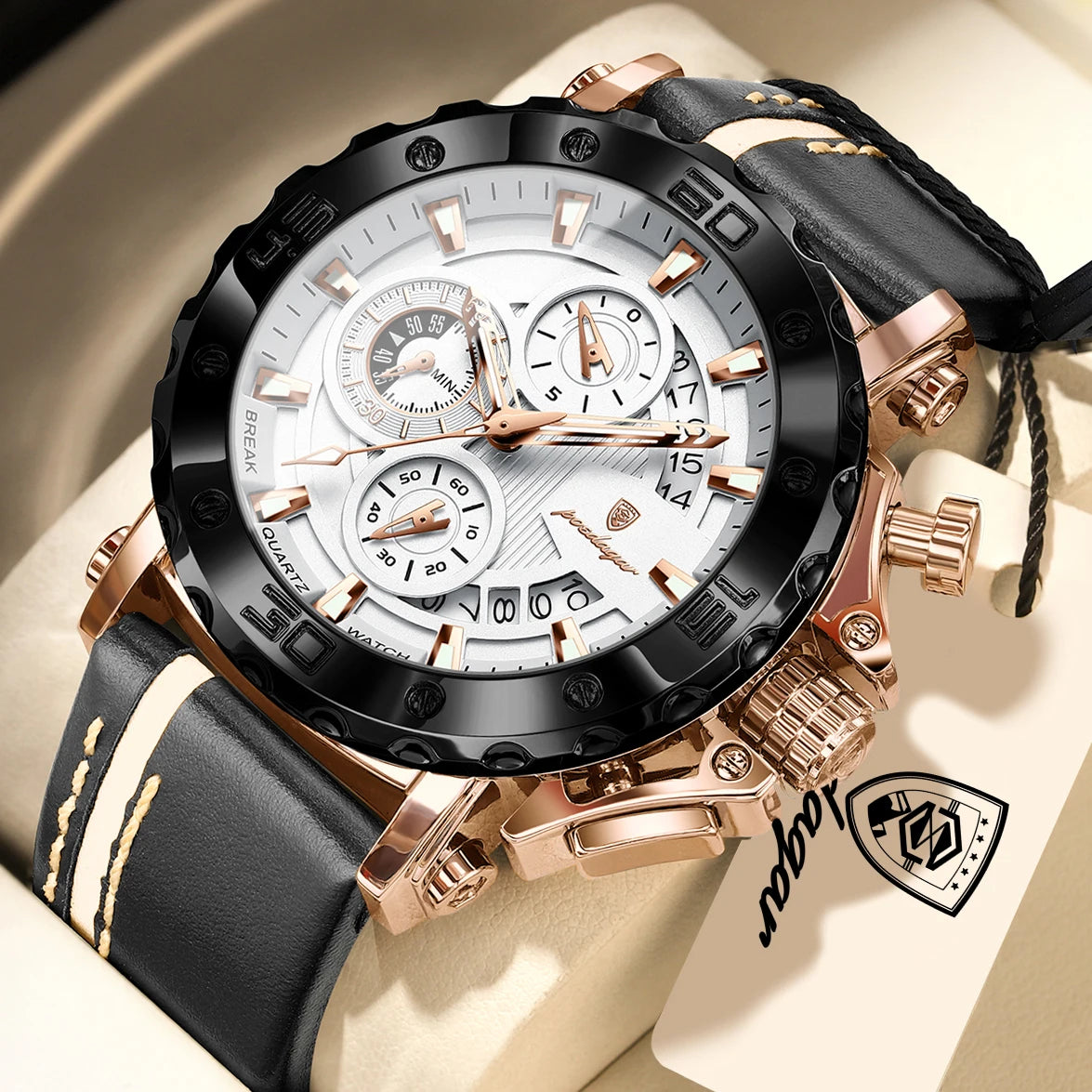 POEDAGAR Sports Watches For Man Waterproof Luminous Date Male Clock Chronograph Leather Quartz Functional Men's Wristwatch Reloj