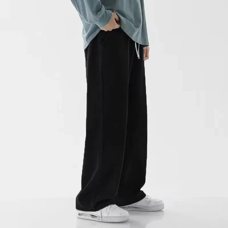 Fashion Men's Solid Color Drape Jeans Loose Straight Korean Vintage High Street Hip-hop Casual Daily Dragging Wide-leg Pants