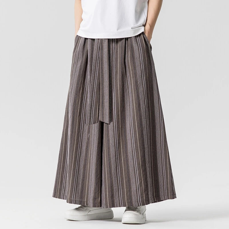Striped Pants Men's Cotton Linen Comfortable Breathable Wide Leg Trousers Kimono Japanese Samurai Casual Loose Fashion Pants Men