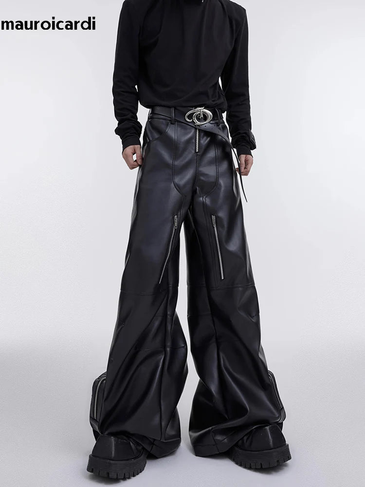 Mauroicardi Autumn Long Black Baggy Pu Leather Wide Leg Cargo Pants for Men Three-dimensional Pockets Luxury Designer Clothes