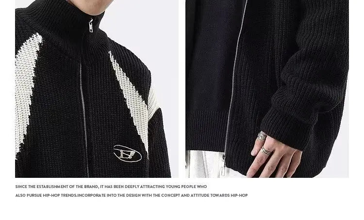 Double Zipper Cardigan Sweater Men Women Retro Loose Knitted Jumpers Autumn Streetwear Harajuku Street Color Block Jacket New