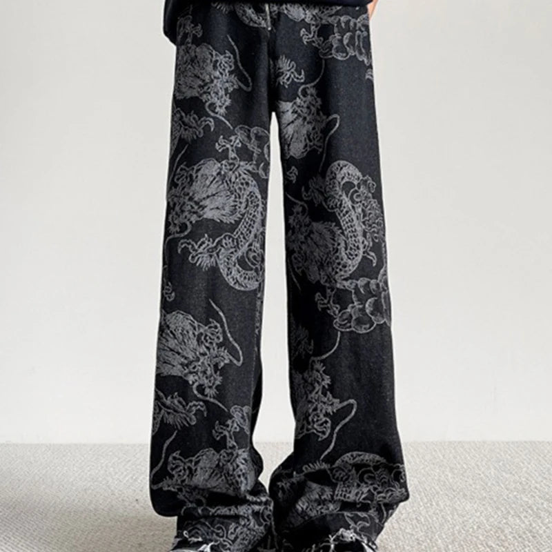 Chinese Style National Trend Design Dragon Pattern Jeans Men Women Korean Version New Retro Straight Loose Casual Pants Male