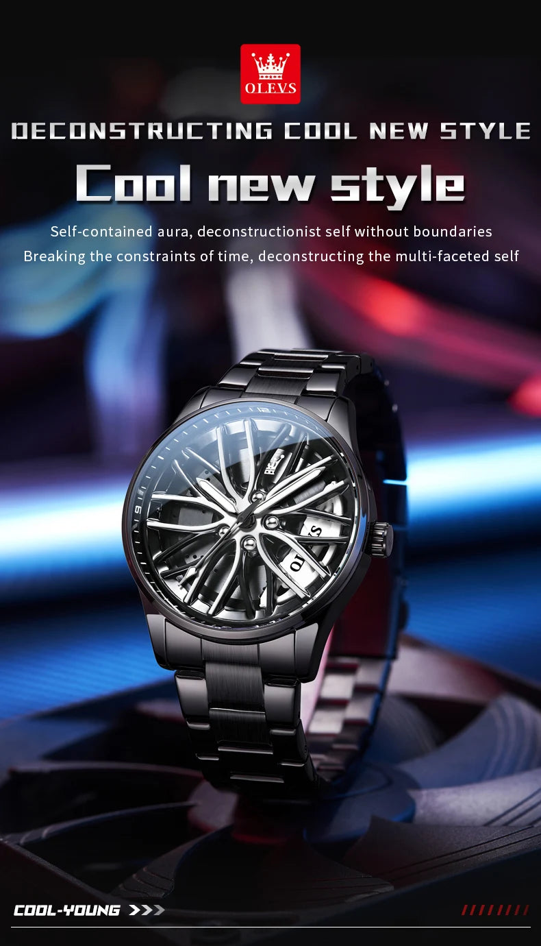 OLEVS 9937 Quartz Watch for Men Fashion 3D Hollow Wheel Rotary Dial Black Stainless Steel Waterproof Luminous Sports Wristwatch