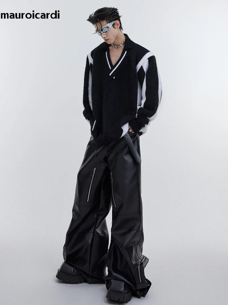 Mauroicardi Autumn Long Black Baggy Pu Leather Wide Leg Cargo Pants for Men Three-dimensional Pockets Luxury Designer Clothes