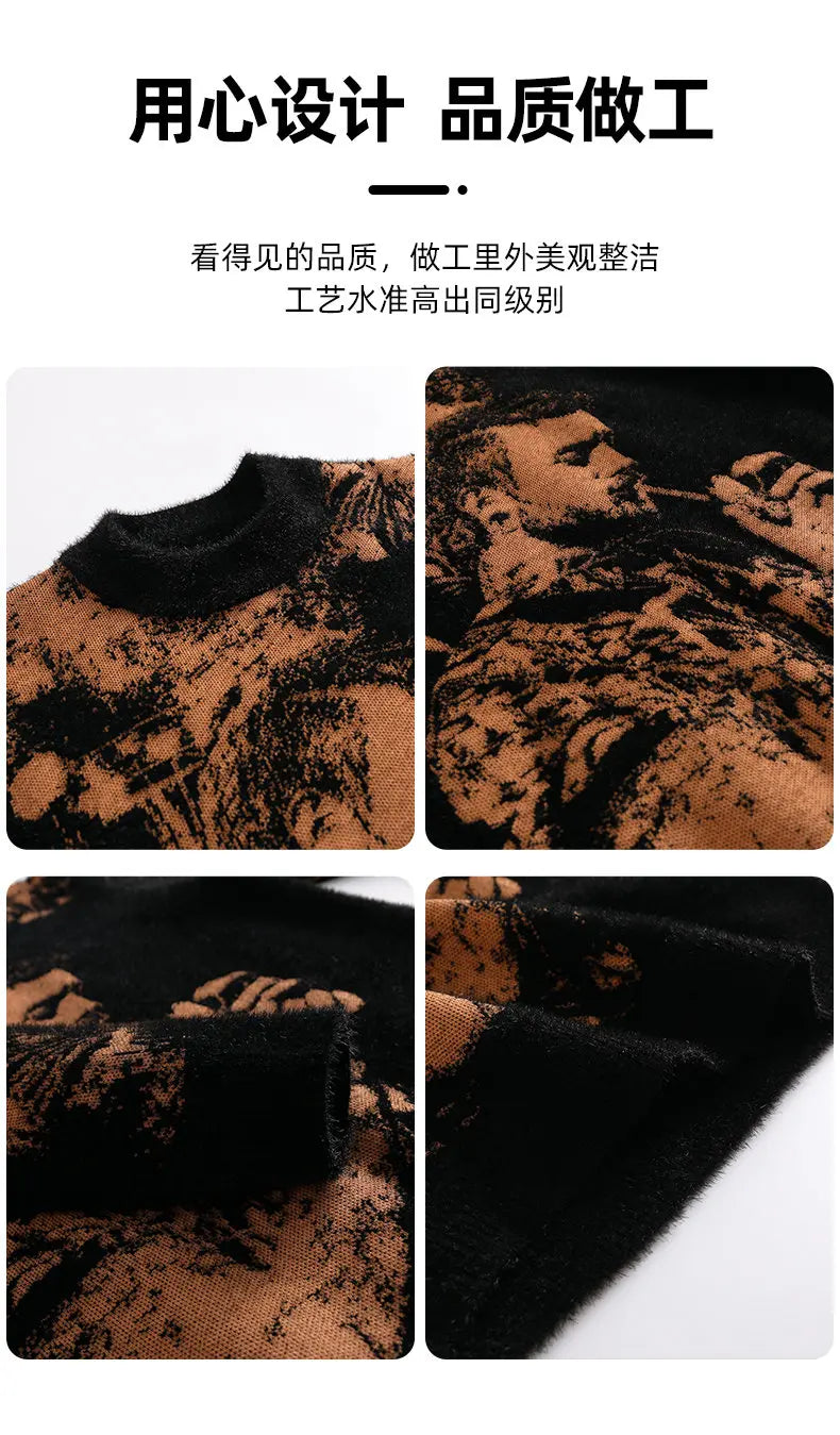 Retro Men's Printed Slim Knit Sweater for Men's Base, 2025 Brand Premium Tops, High-quality Men's Plus Size Warm Sweater