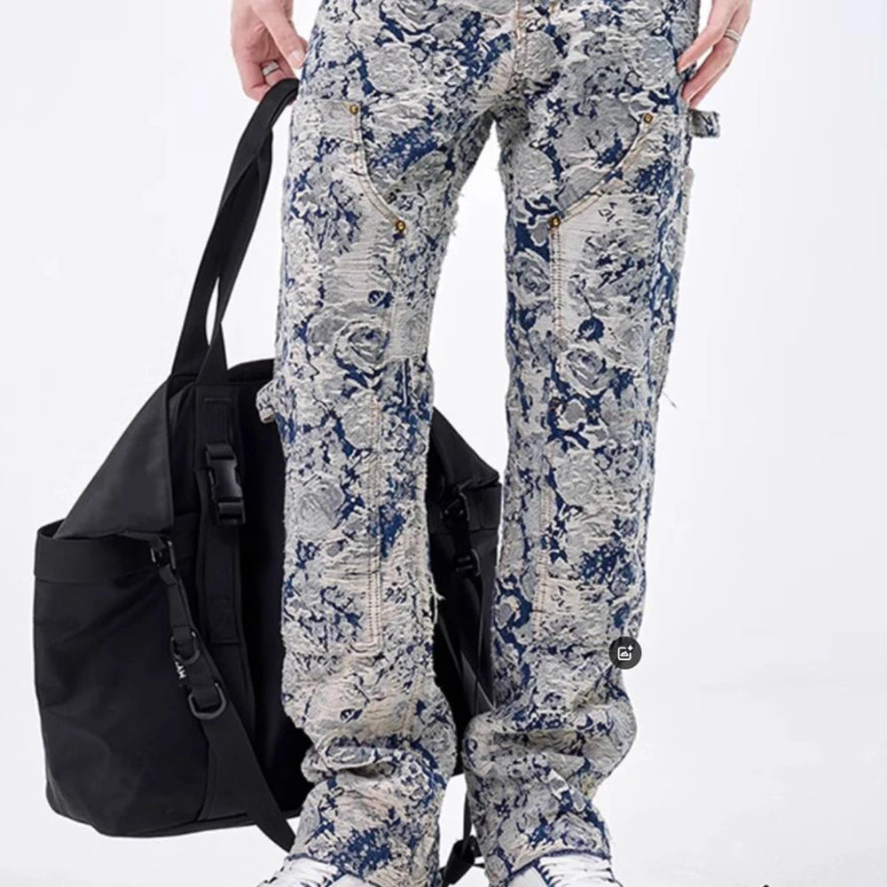 Men Jeans Jacquard Washed Cargo Casual Straight Pants Streetwear Fashion Hip Hop Retro Trend Trousers Male Men'S Clothing 2024