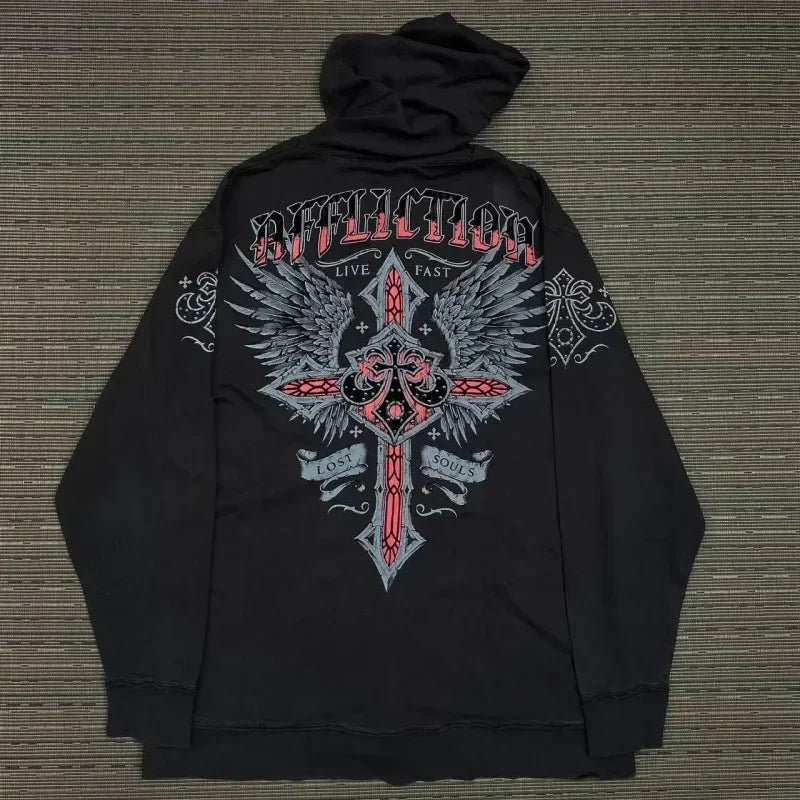 Ecko Dark Gothic Skull Eye Print Hoodie Men Women Streetwear Punk Oversize Black Sweatshirt Distressed Artistic Casual Pullover