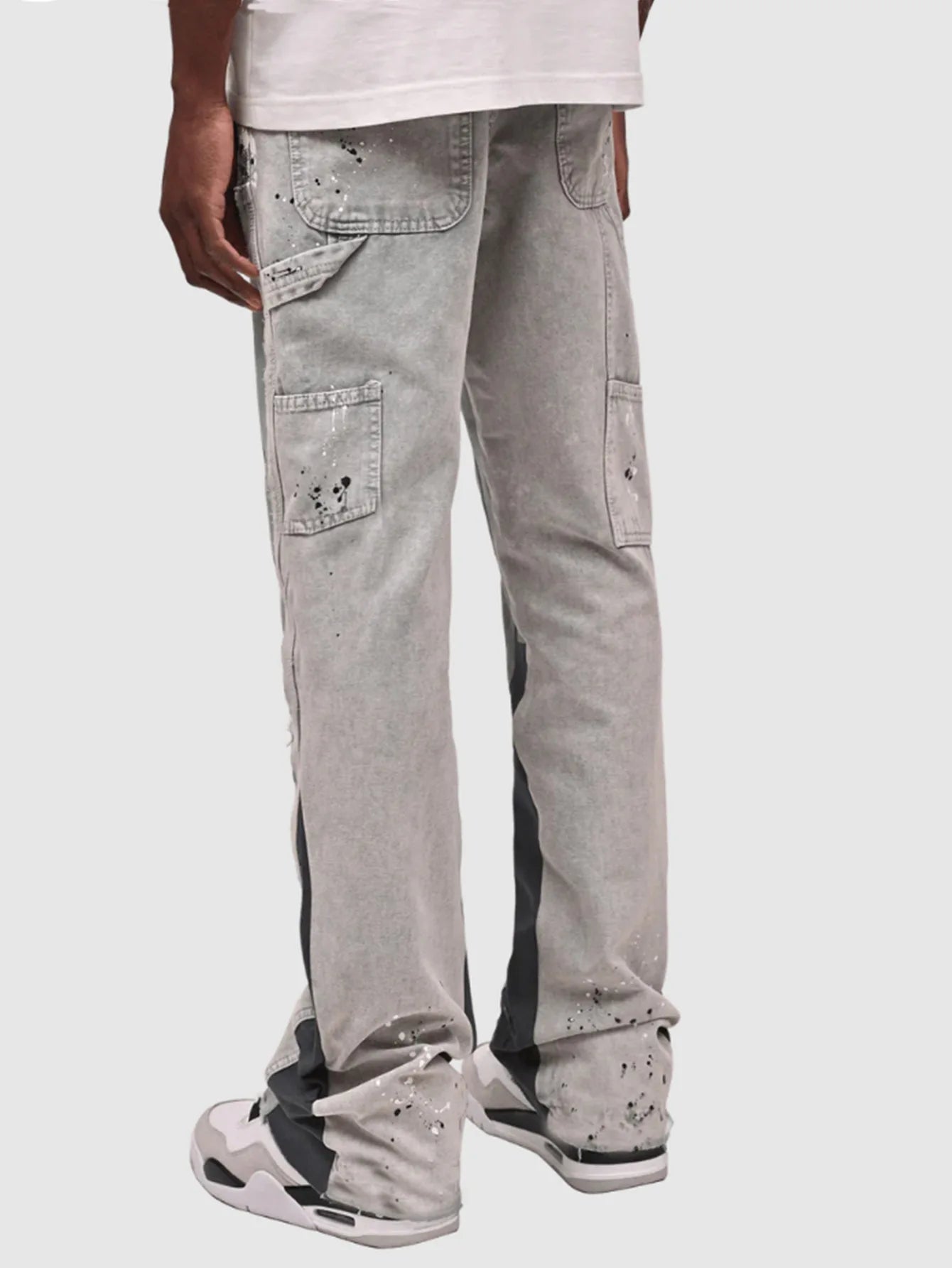 Men's Denim Work Pants workwear, Elastic Patch Denim Layered Flared Pants, Spring New Style