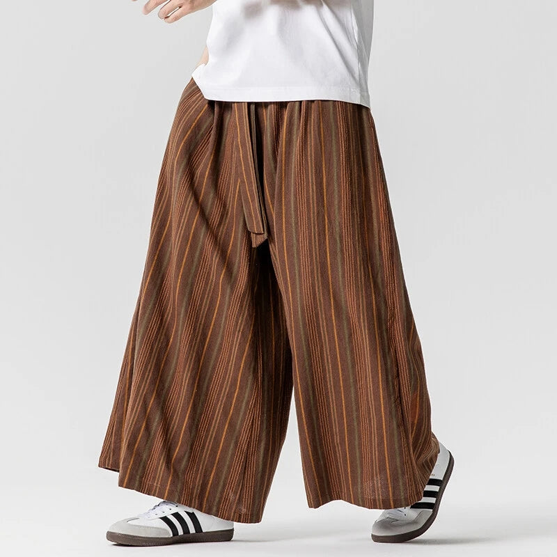 Striped Pants Men's Cotton Linen Comfortable Breathable Wide Leg Trousers Kimono Japanese Samurai Casual Loose Fashion Pants Men