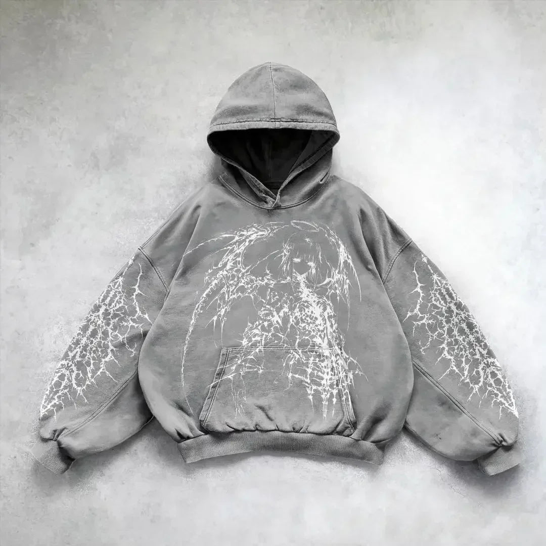 Harajuku y2k gothic white print design pattern black hoodie goth oversized hoodies women streetwear tops sweatshirt men clothing
