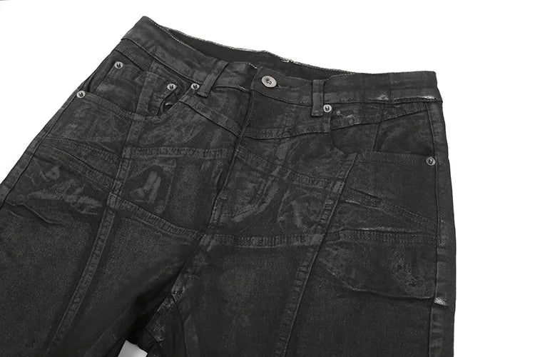 Men Wax Denim Jeans Cotton Casual  Men's Clothing Coated Autumn Straight Solid High Street Black Jeans Long Pants