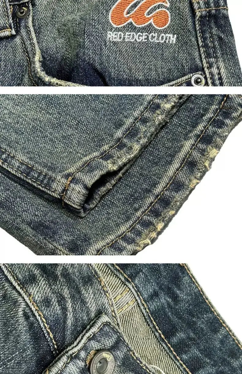 Fashion Brand Retro Washed Pure Cotton Jeans for Men Loose Small Right Angle Personalized Embroidery Versatile Casual Pants