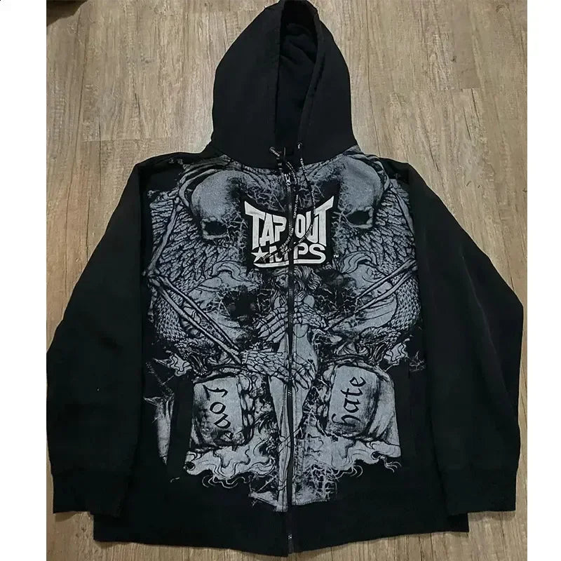 Ecko Dark Gothic Skull Eye Print Hoodie Men Women Streetwear Punk Oversize Black Sweatshirt Distressed Artistic Casual Pullover