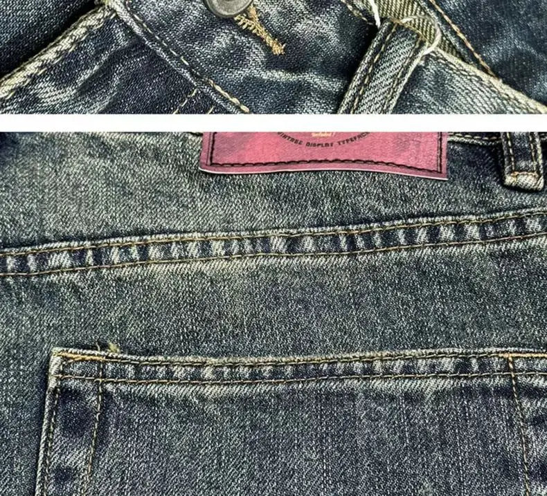 Fashion Brand Retro Washed Pure Cotton Jeans for Men Loose Small Right Angle Personalized Embroidery Versatile Casual Pants