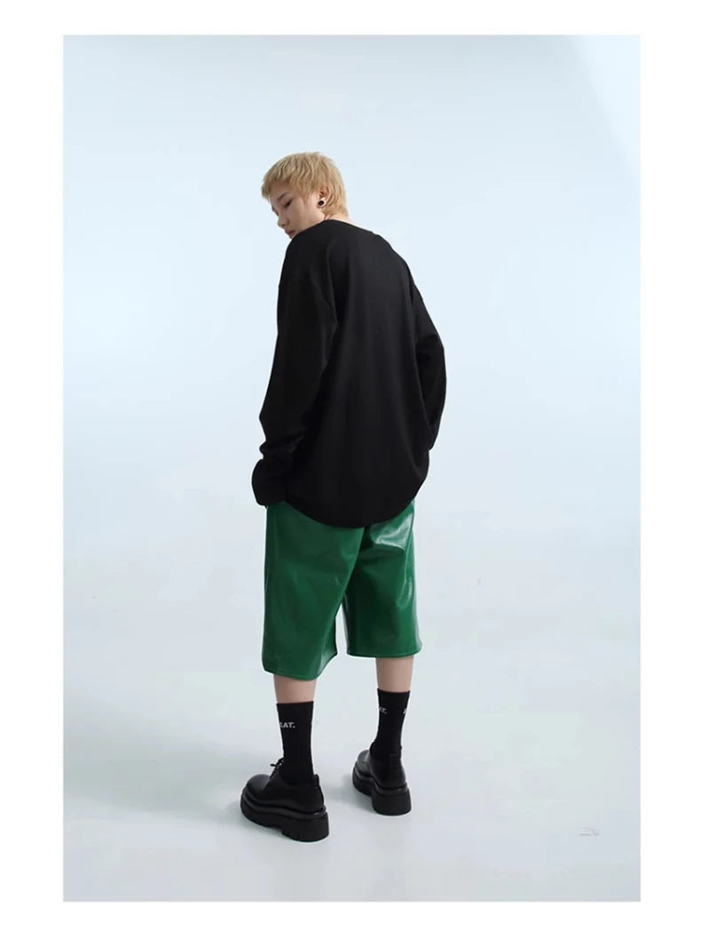 Mauroicardi Spring Summer Loose Casual Soft Black Pu Leather Shorts for Men Mens Elastic Waist Short Straight Pants Clothes 2023