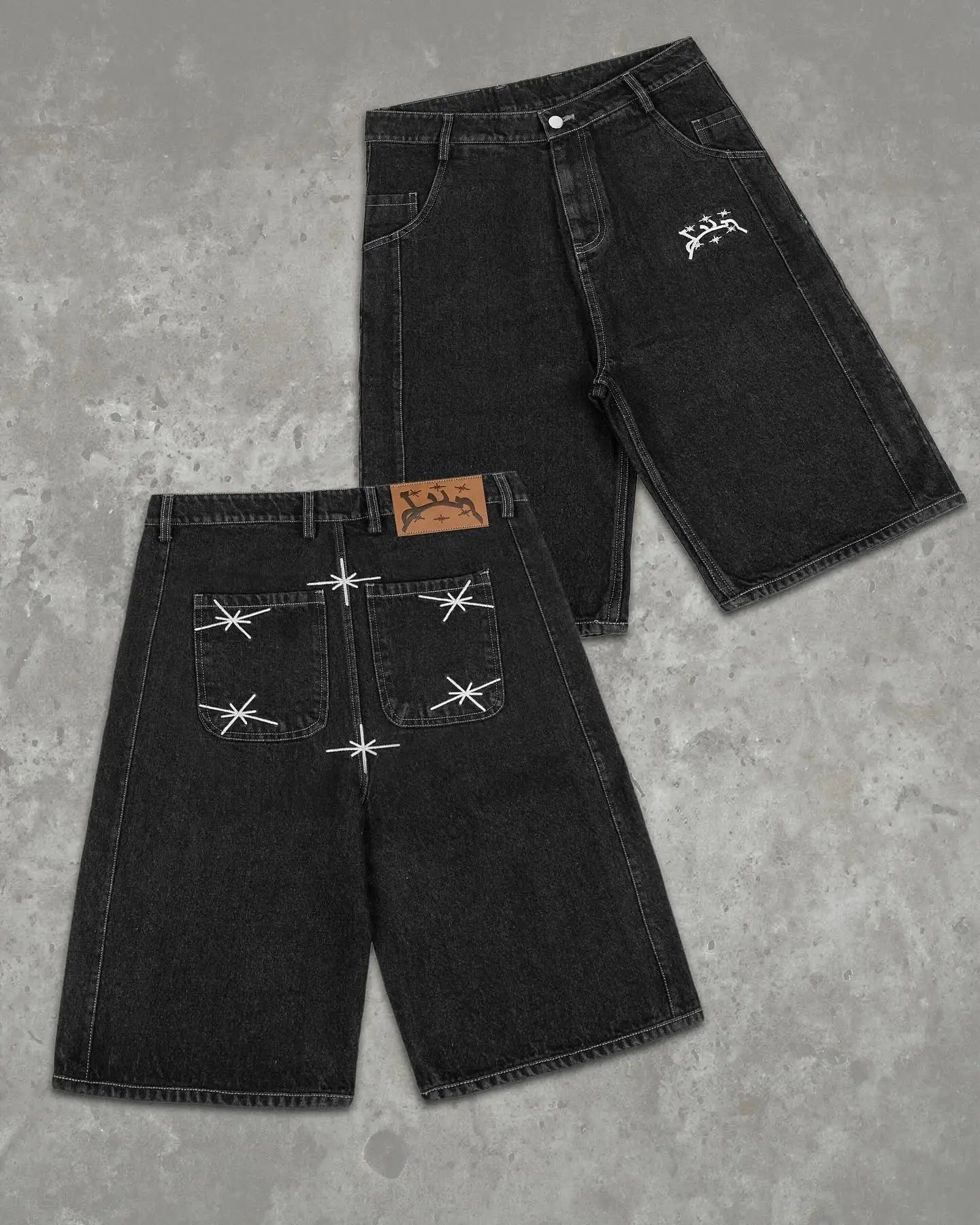 New Divin Street Geometry Graphic Embroidery Baggy Denim Shorts Y2k Retro Hip Hop Trendy Gym Basketball Shorts Men Women Jorts
