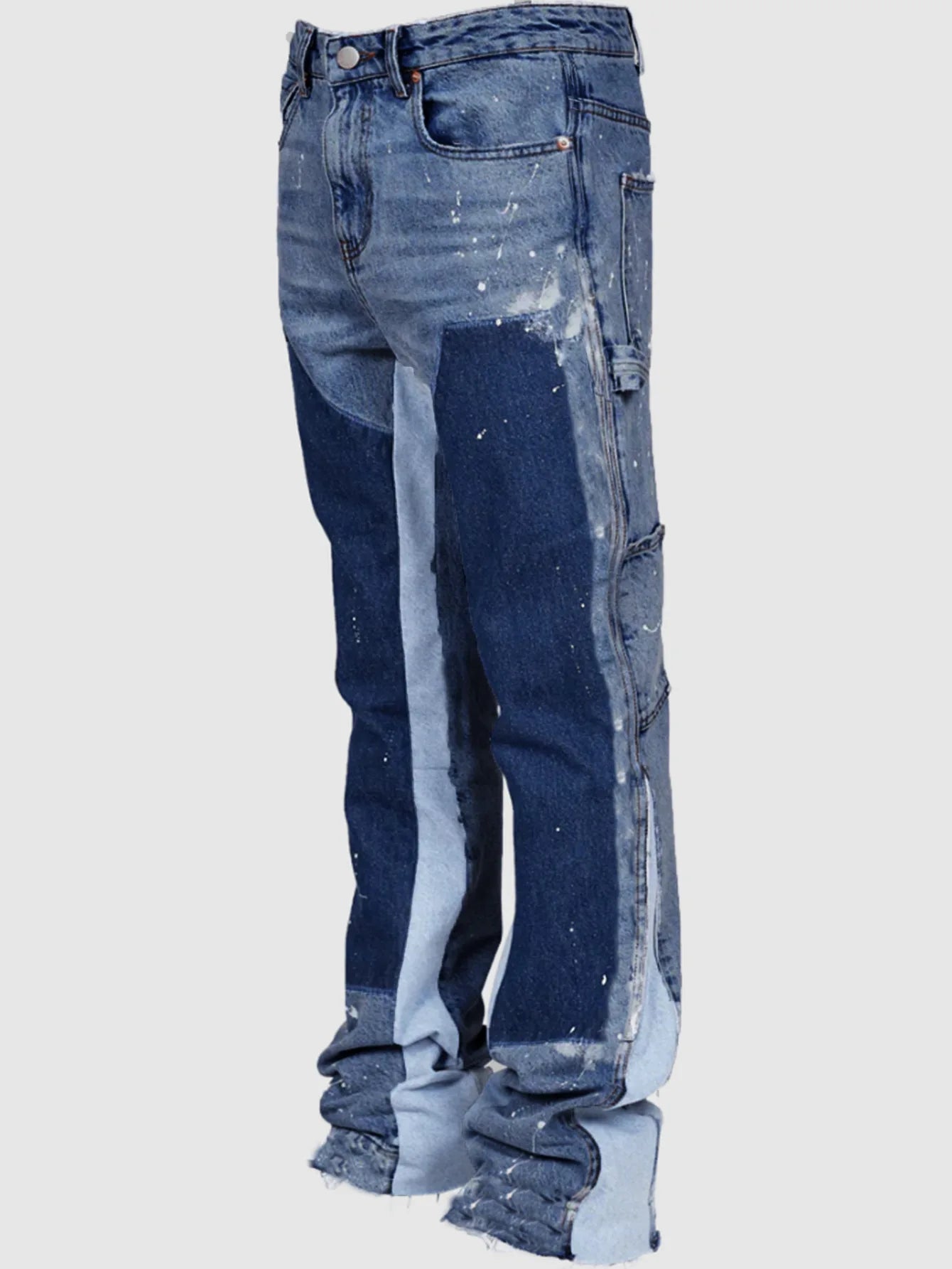 Men's Denim Work Pants workwear, Elastic Patch Denim Layered Flared Pants, Spring New Style