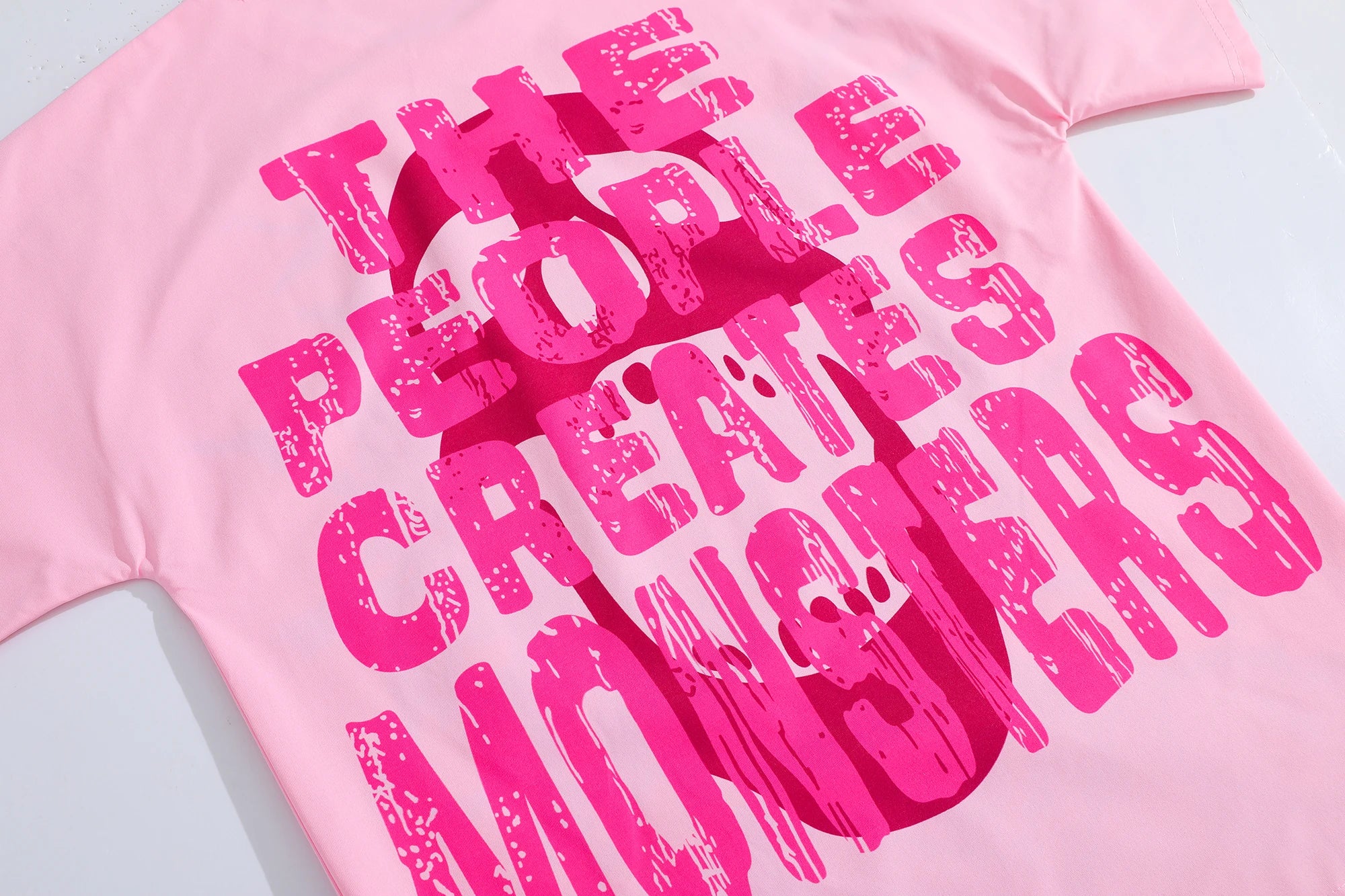 Mens Pink Short Sleeve T-Shirt Distorted Cartoon Character Graphic Bold Exaggerated Print Alternative Art Streetwear Top