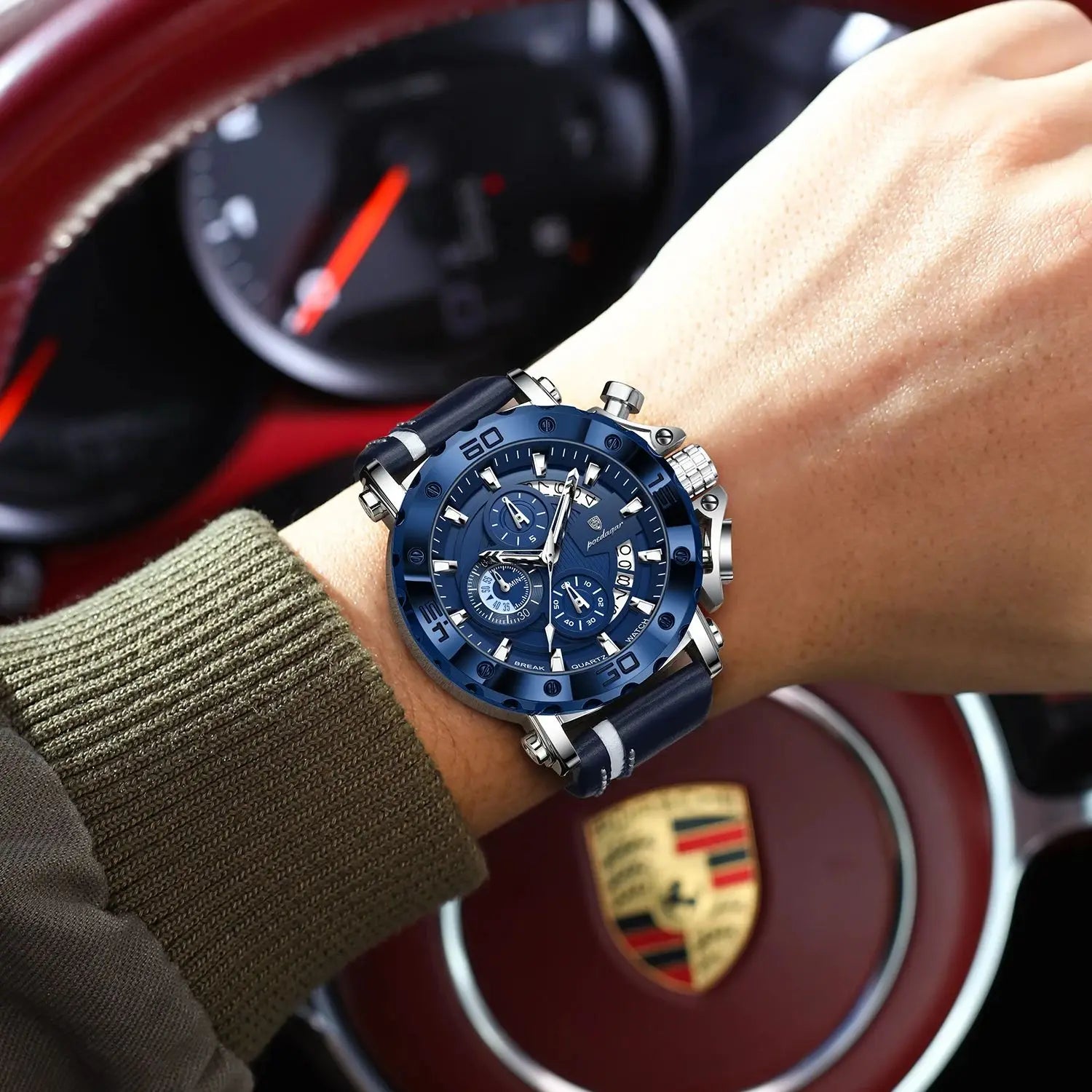 POEDAGAR Sports Watches For Man Waterproof Luminous Date Male Clock Chronograph Leather Quartz Functional Men's Wristwatch Reloj