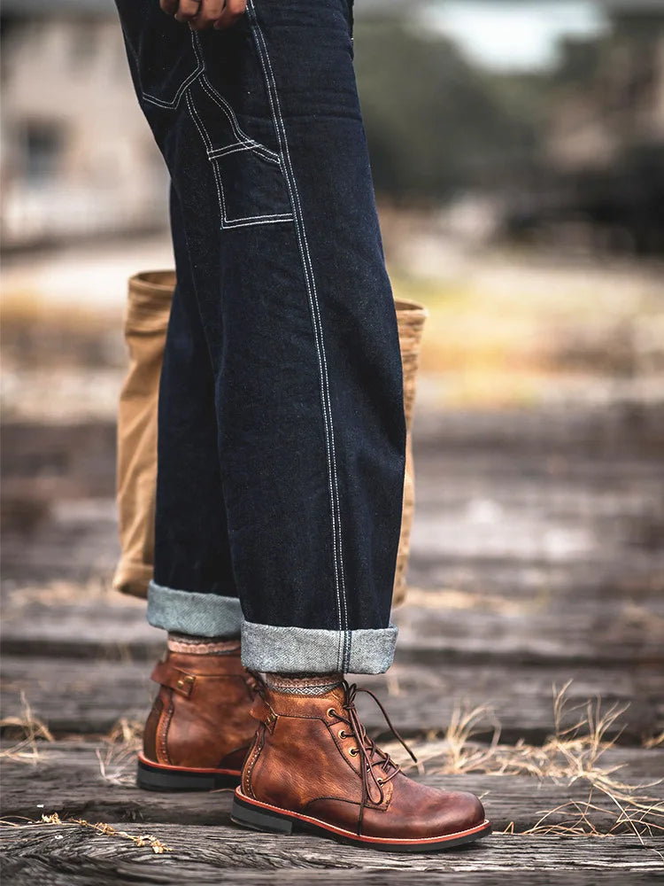 Handmade Leather Men Boots Retro Round Toe Ankle Boots for Men  Luxury Punk Street Style Mens Motorcycle Boots botas para hombre